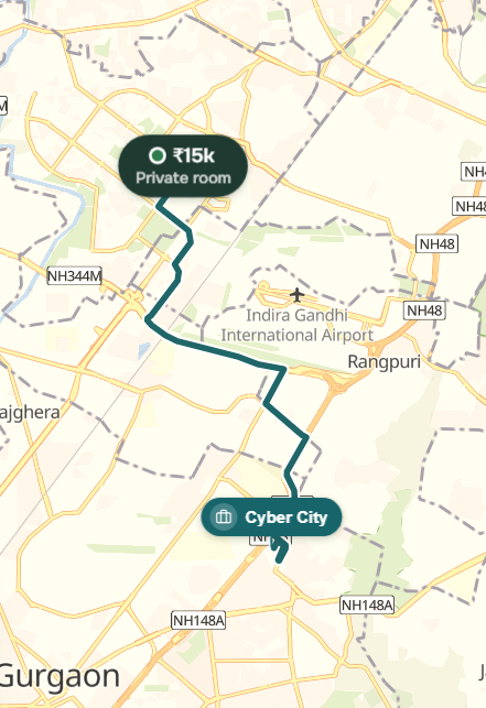 Map: road route from Dwarka Sector 6 to Cyber City, 31 minutes at peak hours
